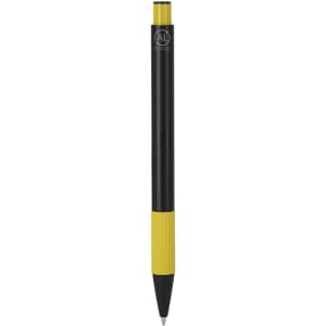 A metal pen in black and yellow with a textured grip and a logo.