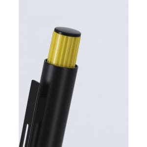 A metal pen with a black body and a gold striped cap, featuring a clip and a sleek design.