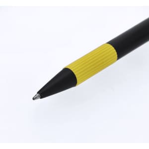 A metal pen featuring a black barrel and a textured yellow grip at the top, with a silver nib. It has a logo.