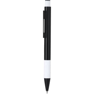 A black and white metal pen with a textured grip and clip, featuring a branding logo.