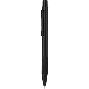 A black metal pen with a textured grip and a clip, featuring a branding logo.