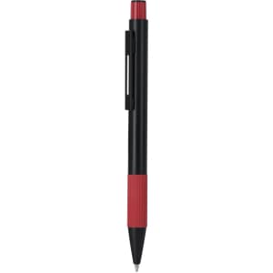 A metal pen in black with a red grip and top, featuring a clip for easy attachment.