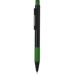 A metal pen in black with a green grip and top, featuring a clip for easy attachment.