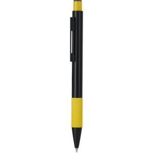 A black and yellow metal pen with a textured grip and a clip, featuring a branding logo.