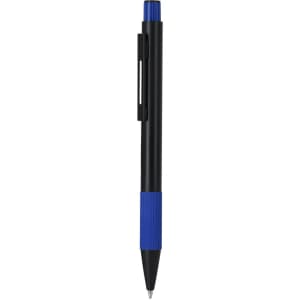A metal pen with a blue grip and black body. It features a pocket clip and a branding logo.