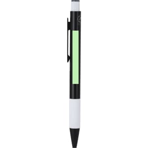 A metal pen in black with white accents and a green transparent section, featuring a clip and branding.