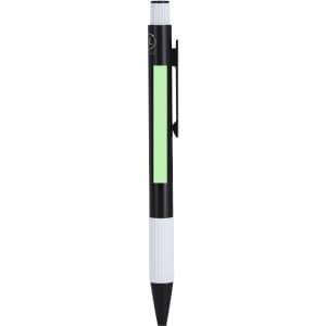 A black and white metal pen with a green section and a clip, featuring a logo on its body.