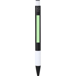 A metal pen with a black body, white grip, and a green section, featuring a logo on the barrel.