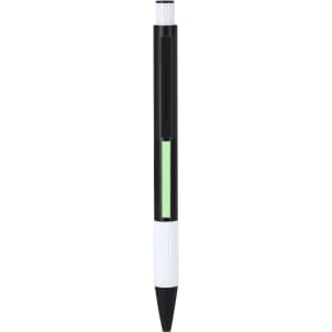 A metal pen in black and white with a transparent section and a logo. The tip is black, and the barrel is mostly white.