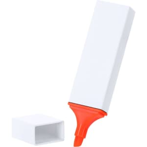 A highlighter with a rectangular white body and an orange tip, featuring a removable cap.