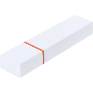 A white highlighter with an orange band around its middle. The product has a rectangular shape and a smooth finish.