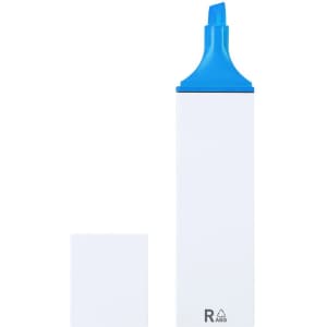 A highlighter with a blue cap and a white body, featuring a small square-shaped end piece in the image.