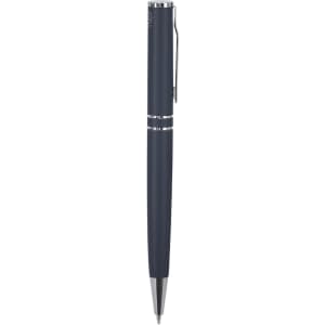 A metal pen in navy blue with a silver clip and accents, featuring a branding logo.