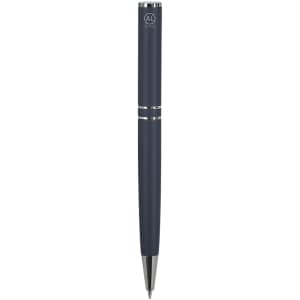 A metal pen in dark blue with a silver accent and a logo on the barrel.