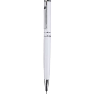 A metal pen in white with silver accents and a clip, featuring a sleek design and elegant finish.