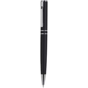 A sleek black metal pen with chrome accents and a clip, featuring a polished finish and smooth lines.
