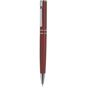 A metal pen featuring a maroon finish with chrome accents and a clip for easy attachment.