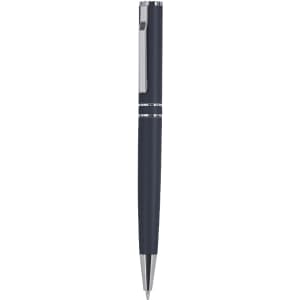 A metal pen in navy blue with a chrome finish and a sleek design, featuring a clip and a branding logo.