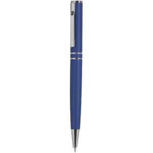 A metal pen in a deep blue finish with silver accents and a clip. It features a sleek, elegant design.