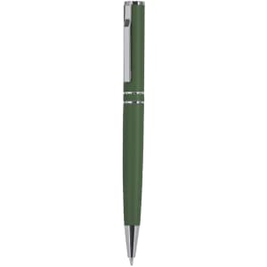 A green metal pen with a chrome clip and accents, featuring a sleek design and a logo on the barrel.