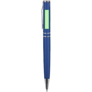 A blue metal pen with a green section and a clip. Includes a branding logo on the surface.