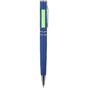 A blue metal pen with a shiny clip and a blank area for branding. It features a sleek design and a green accent.
