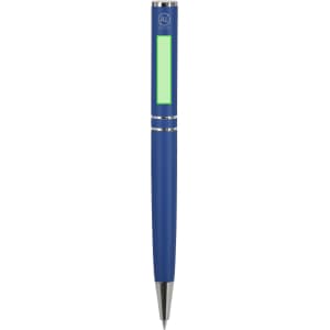 A blue metal pen with a shiny silver clip and an area for branding or personalisation.