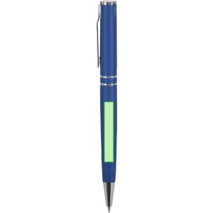 A blue metal pen with a silver clip and a green accent. It features a logo on its body.