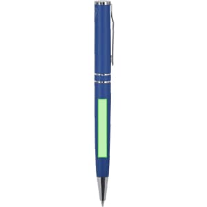 A metal pen in blue with a green accent, featuring a clip and a smooth barrel design. It has a logo.