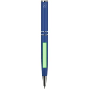 A blue metal pen with silver accents and a logo, featuring a vibrant green section on the barrel.