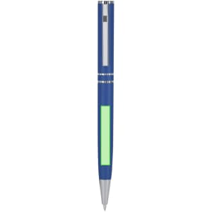 A blue metal pen with silver accents and a green highlight area, featuring a logo on its body.