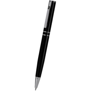 A sleek black metal pen with silver accents, featuring a clip and a smooth finish. It has a simple branding logo.