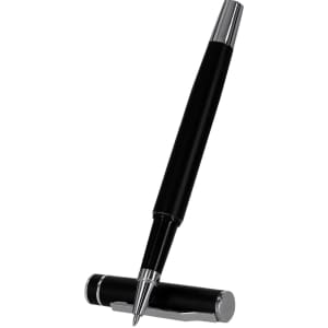 A sleek black metal pen with silver accents, positioned upright beside its cap. The pen has a polished finish and a logo.