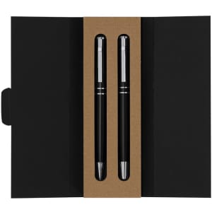 A set of two black metal pens in an open black box with a brown insert. The box has a simple design and a logo.