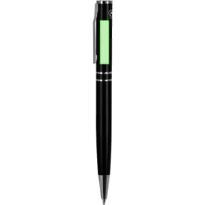 A metal pen in black with a green accent and a clip, featuring a logo on the barrel.