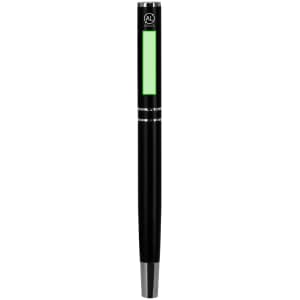 A sleek black metal pen with a green accent and a logo on the upper part.