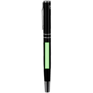 A black metal pen with a green section and a clip, featuring a logo near the top.