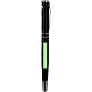 A black metal pen with a green accent and a logo. The design features a sleek, modern look.