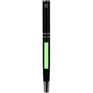 A metal pen in black with a glowing green section and a silver tip, featuring a branding logo.