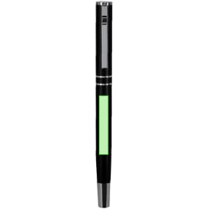 A metal pen in black with a green section and a branding logo on its body.