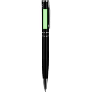 A metal pen in black with a green accent and a clip, featuring a logo on the barrel.