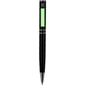 A metal pen in black with a green accent and a logo on the upper part.