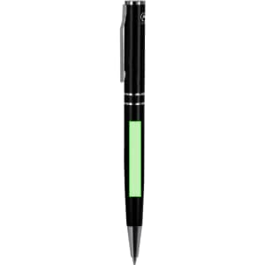 A black metal pen with a green highlighted section and silver accents. Includes branding on the barrel.