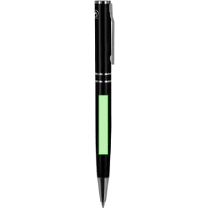 A metal pen in black with a green accent section and a clip, featuring a logo on the barrel.