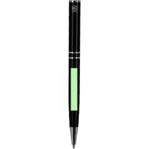 A metal pen in black with a green accent section and a logo.