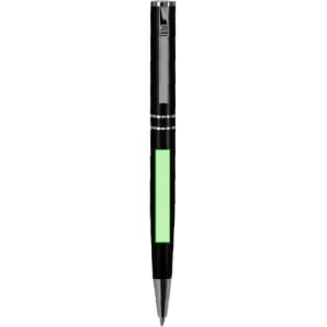A metal pen in black with a green section, featuring a logo on the barrel.