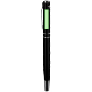 A black metal pen featuring a green section and a silver clip. Includes a logo on the body.