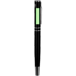 A black metal pen with a green accent and a clip, featuring branding on its body.