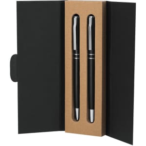 A presentation box containing two black metal pens with silver accents, nestled in a brown inner holder.