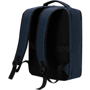 A navy blue backpack with padded straps and a structured design, featuring a mesh back panel for comfort.